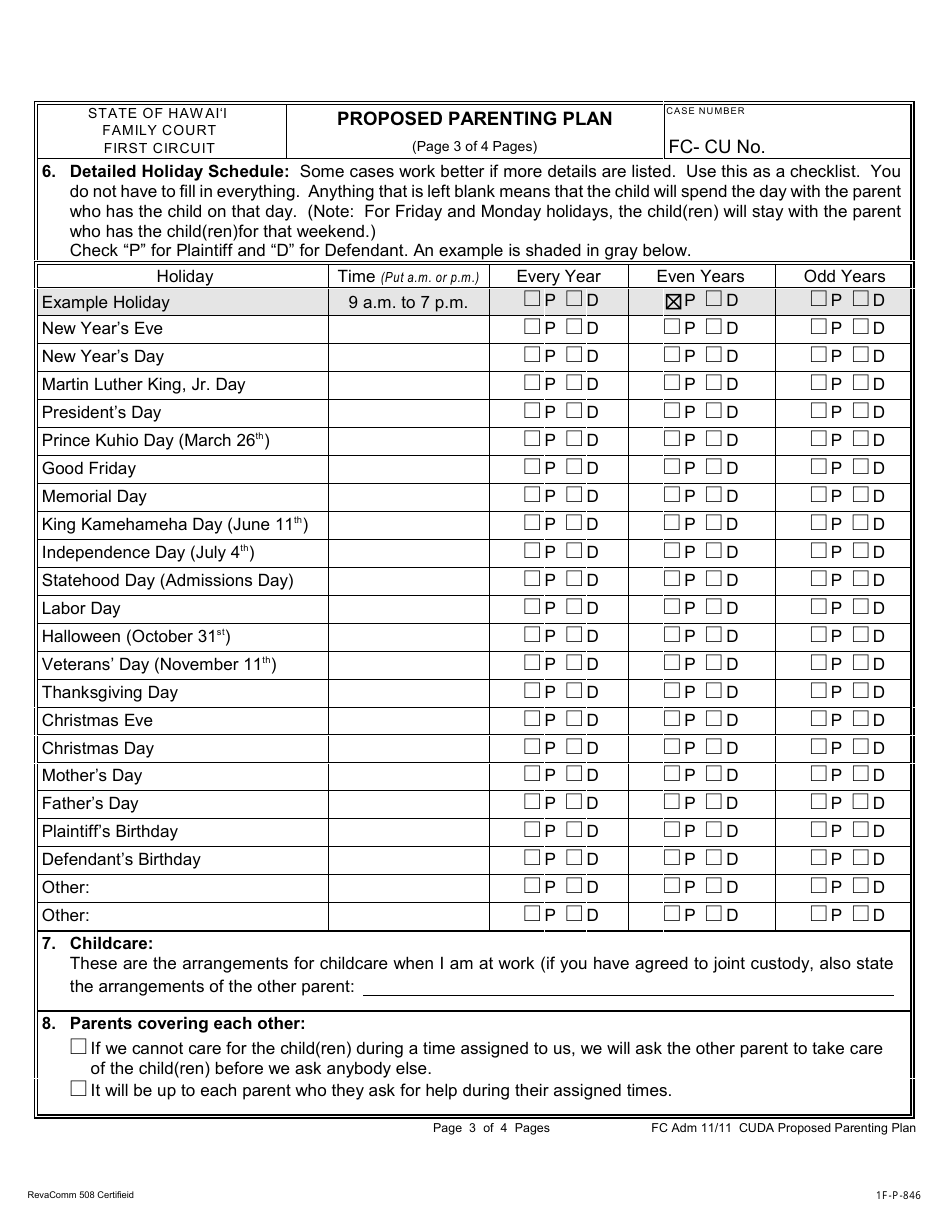 Form 1F-P-846 Proposed Parenting Plan - Hawaii, Page 4