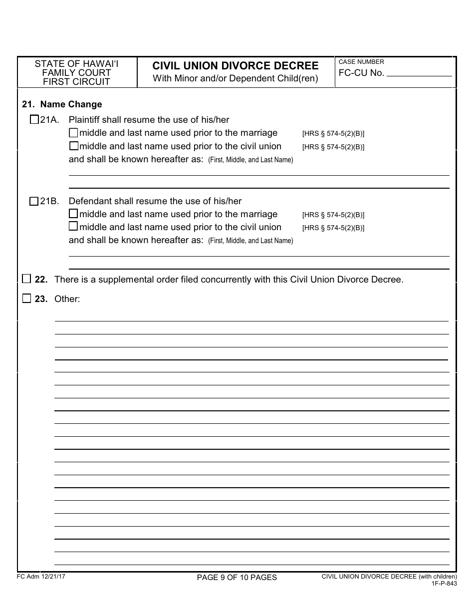 Form 1F-P-843 Civil Union Divorce Decree With Minor and / or Dependent Child(Ren) - Hawaii, Page 10