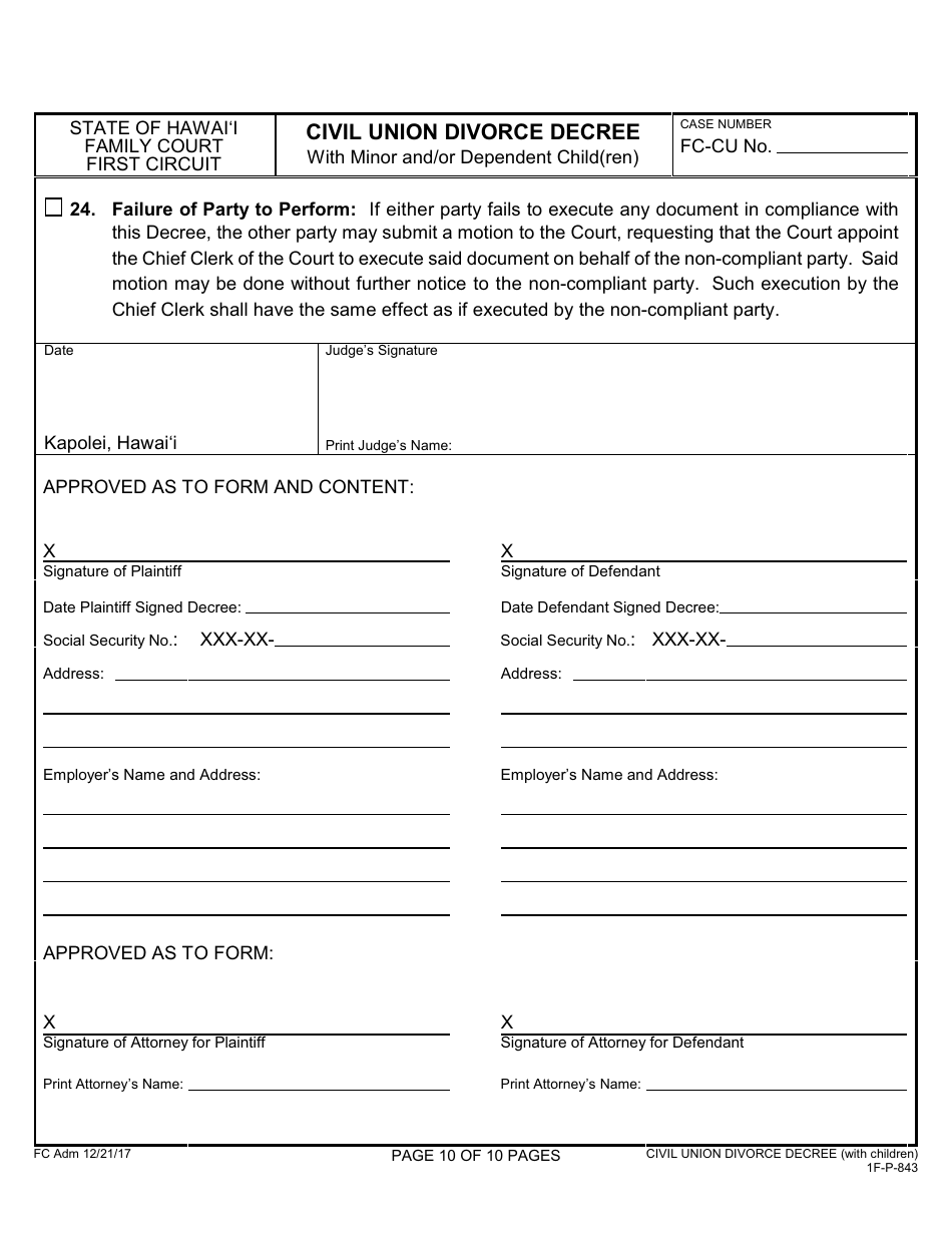 Form 1F-P-843 Civil Union Divorce Decree With Minor and / or Dependent Child(Ren) - Hawaii, Page 11