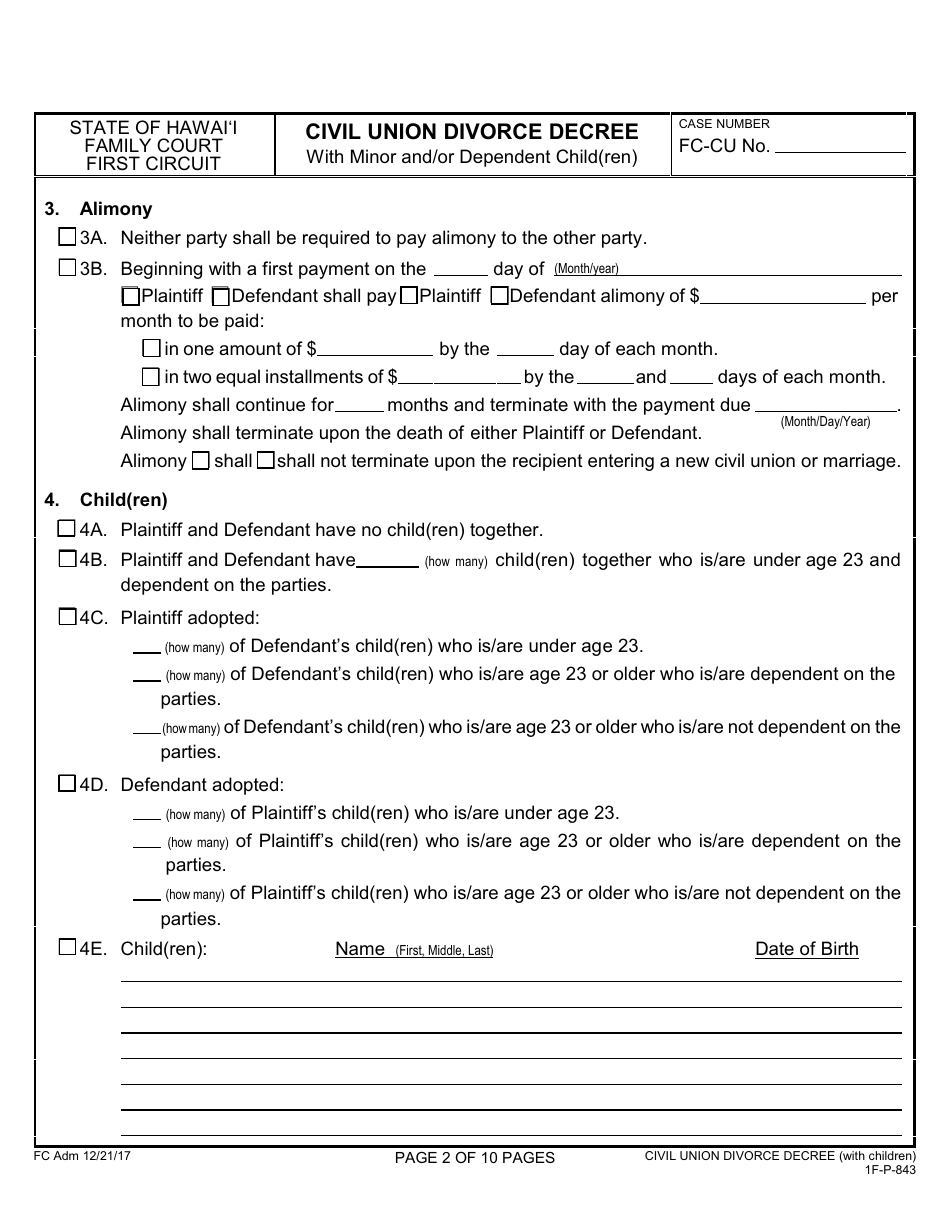 Form 1F-P-843 Civil Union Divorce Decree With Minor and / or Dependent Child(Ren) - Hawaii, Page 3