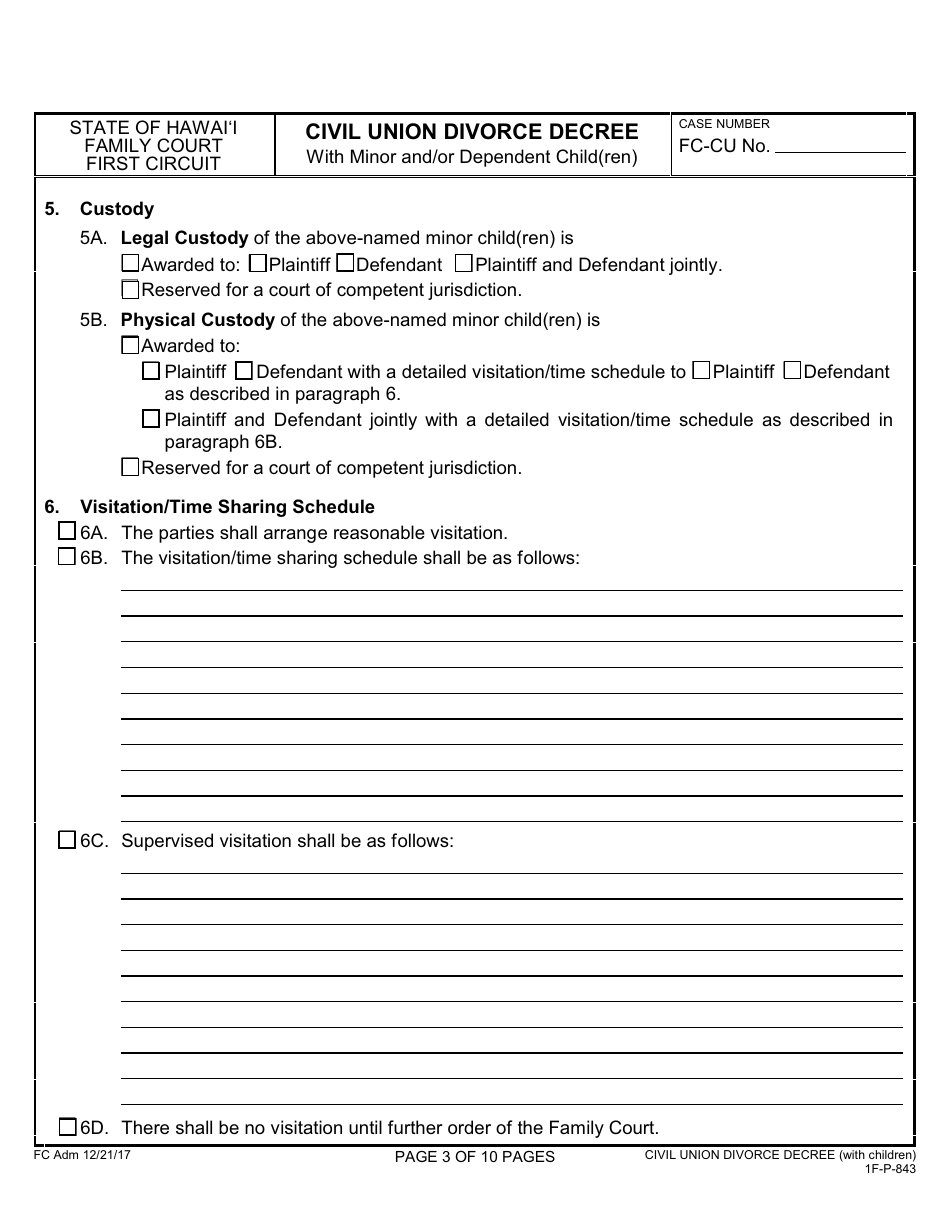 Form 1F-P-843 Civil Union Divorce Decree With Minor and / or Dependent Child(Ren) - Hawaii, Page 4