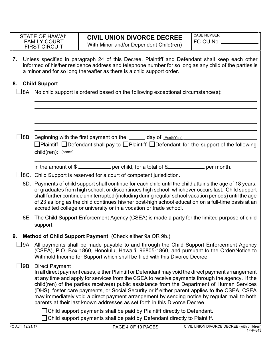 Form 1F-P-843 Civil Union Divorce Decree With Minor and / or Dependent Child(Ren) - Hawaii, Page 5