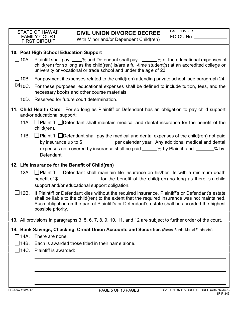 Form 1F-P-843 Civil Union Divorce Decree With Minor and / or Dependent Child(Ren) - Hawaii, Page 6