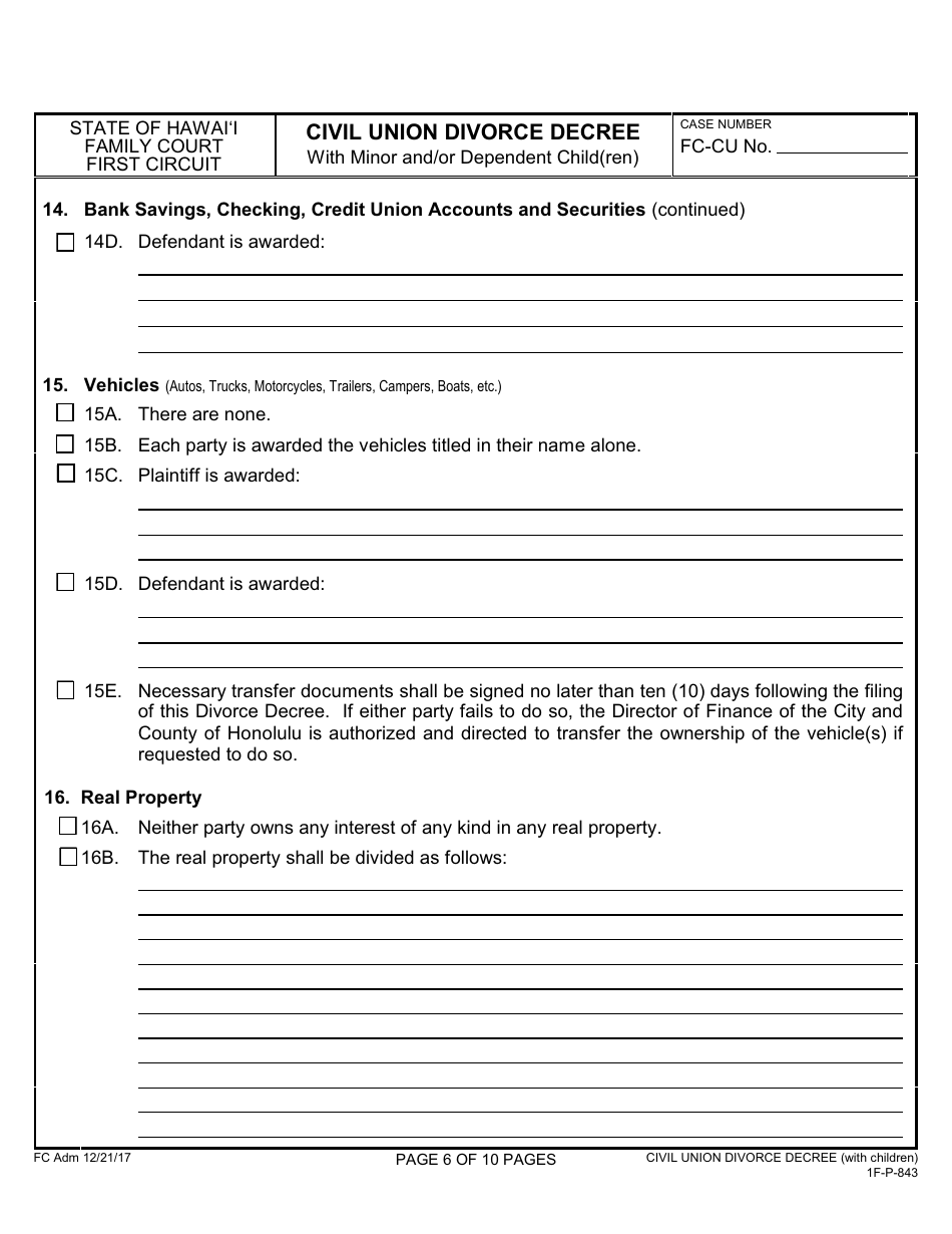 Form 1F-P-843 Civil Union Divorce Decree With Minor and / or Dependent Child(Ren) - Hawaii, Page 7