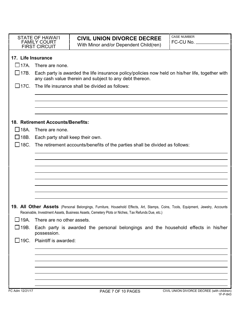 Form 1F-P-843 Civil Union Divorce Decree With Minor and / or Dependent Child(Ren) - Hawaii, Page 8