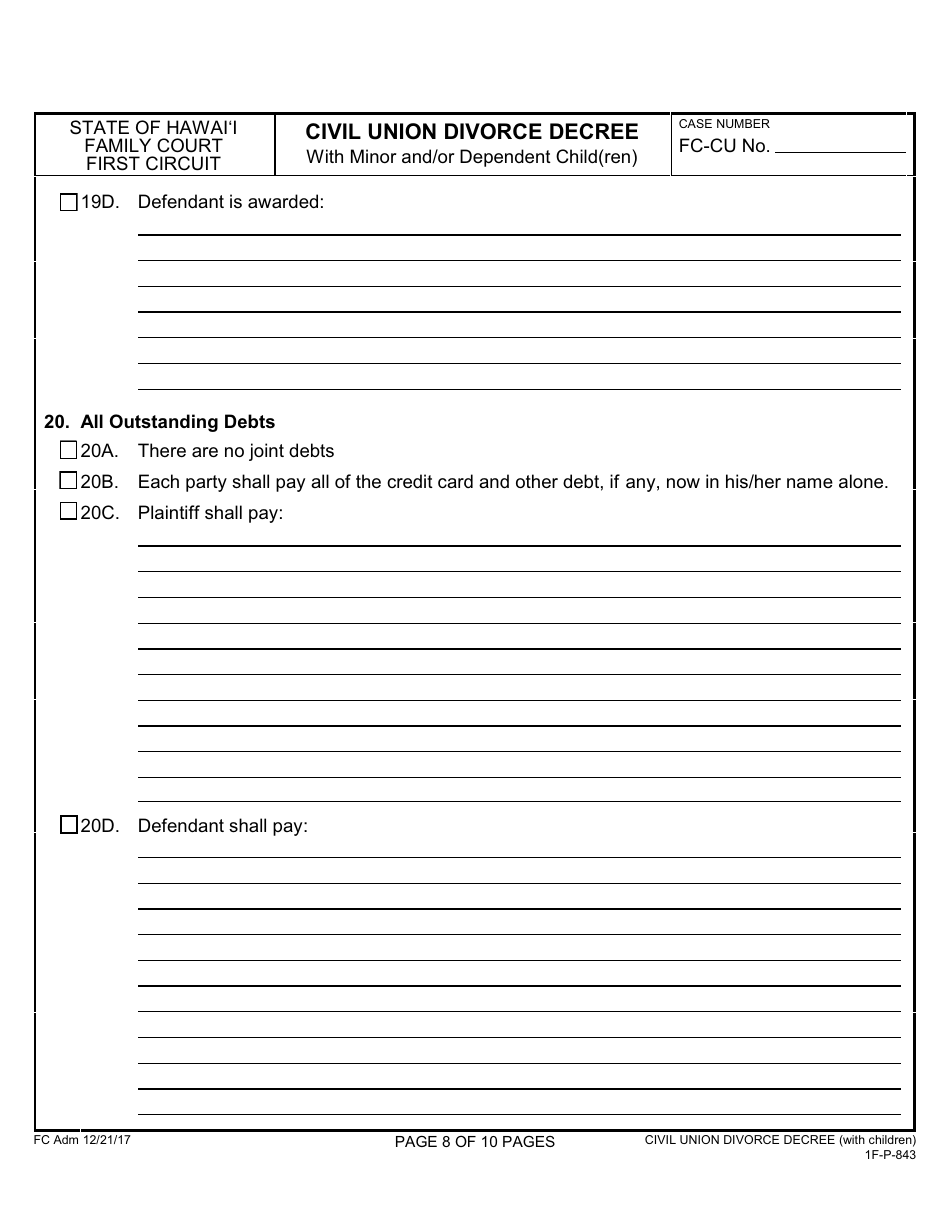 Form 1F-P-843 Civil Union Divorce Decree With Minor and / or Dependent Child(Ren) - Hawaii, Page 9