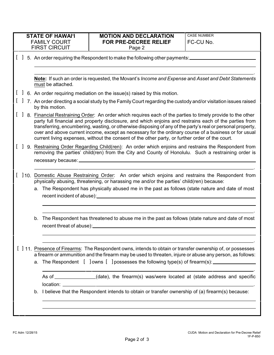 Form 1F-P-850 Motion and Declaration for Pre-decree Relief - Hawaii, Page 3