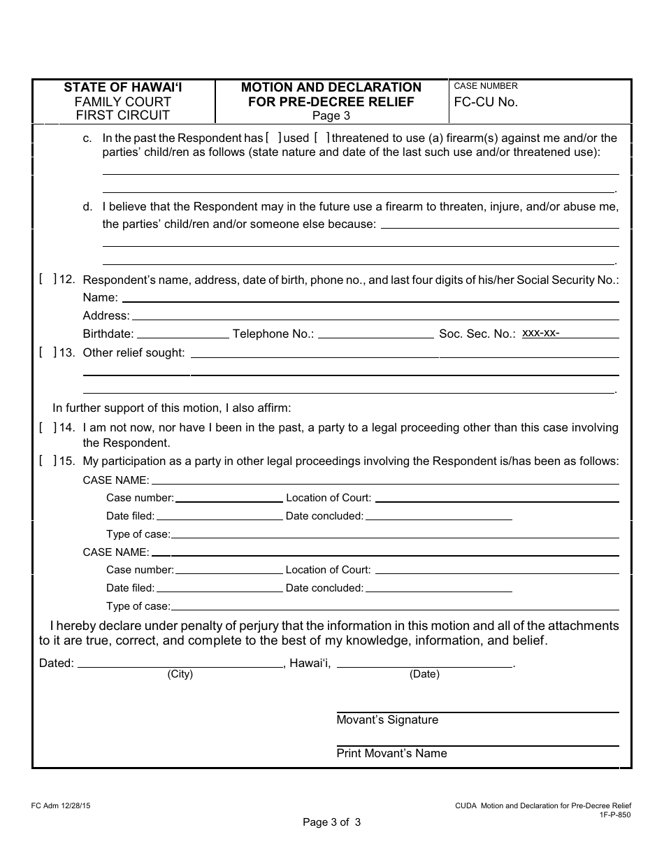 Form 1F-P-850 Motion and Declaration for Pre-decree Relief - Hawaii, Page 4