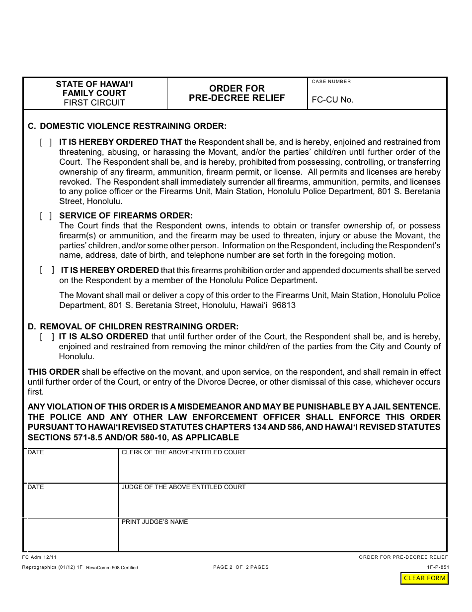 Form 1F-P-851 Order for Pre-decree Relief - Hawaii, Page 3