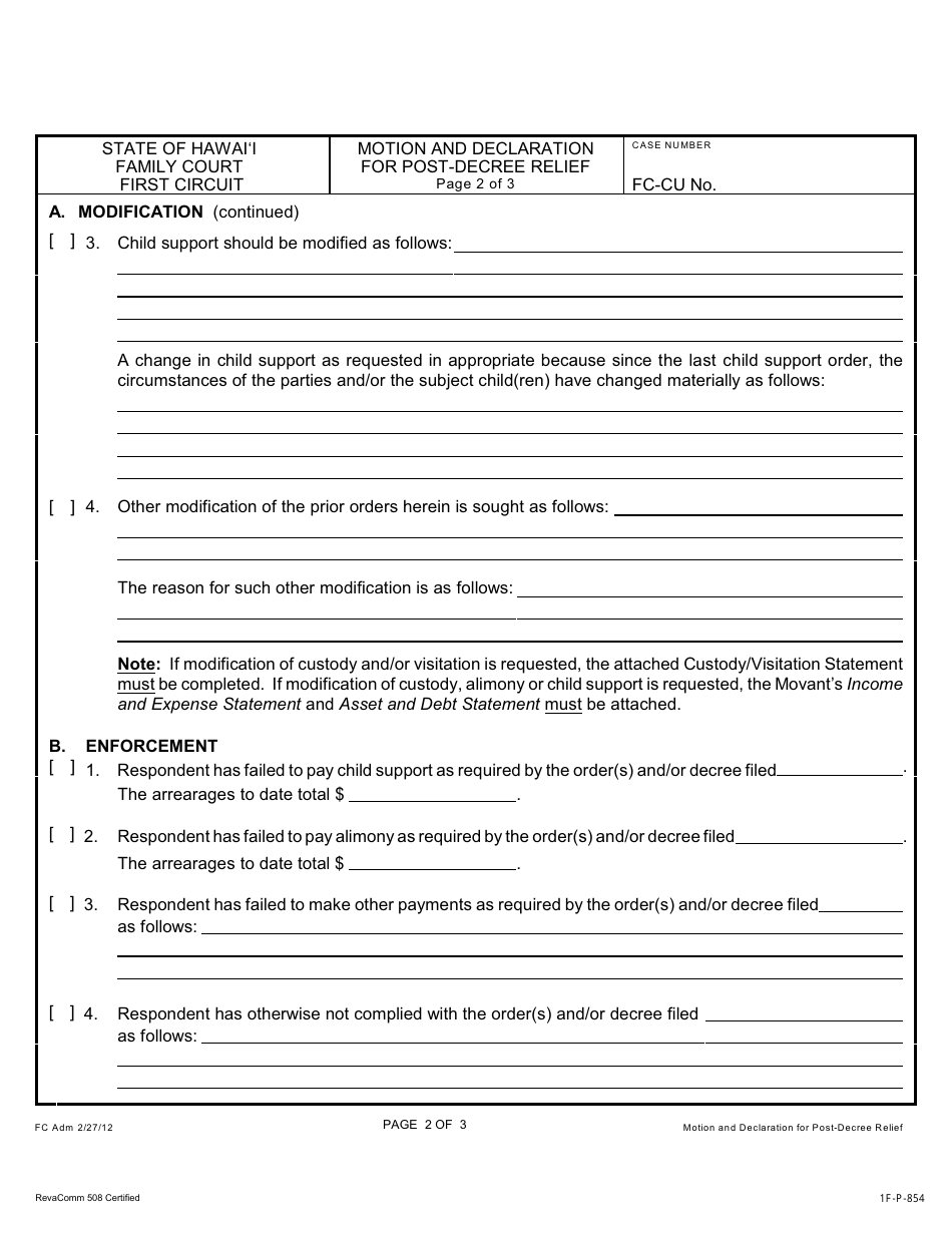 Form 1F-P-854 Motion and Declaration for Post-decree Relief - Hawaii, Page 3