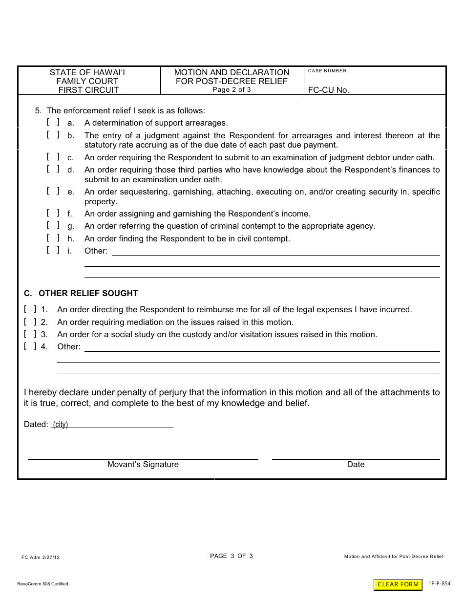 Form 1F-P-854 Motion and Declaration for Post-decree Relief - Hawaii, Page 4