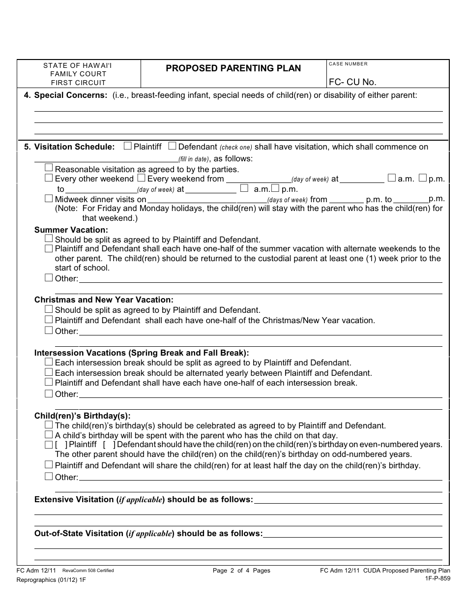 Form 1F-P-859 Proposed Parenting Plan - Hawaii, Page 3