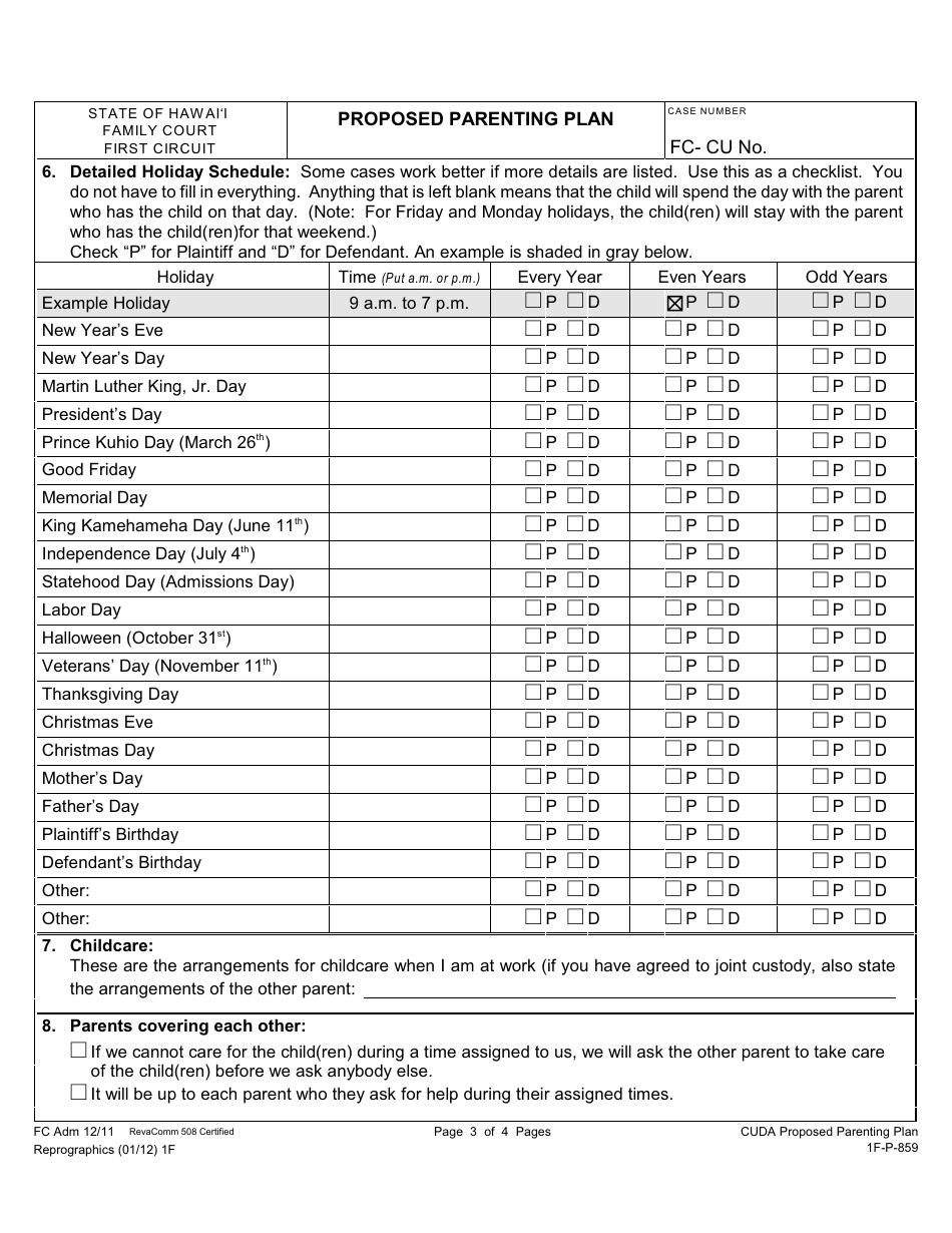 Form 1F-P-859 Proposed Parenting Plan - Hawaii, Page 4