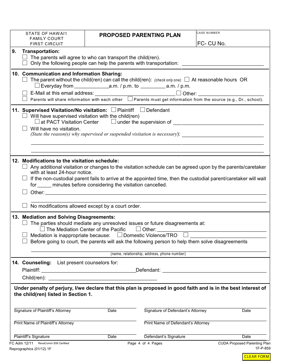 Form 1F-P-859 Proposed Parenting Plan - Hawaii, Page 5