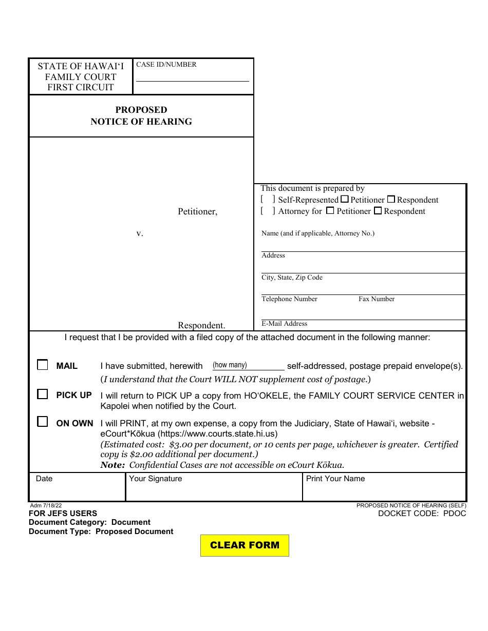 Form 1F-P-751 Proposed Notice of Hearing - Hawaii, Page 1