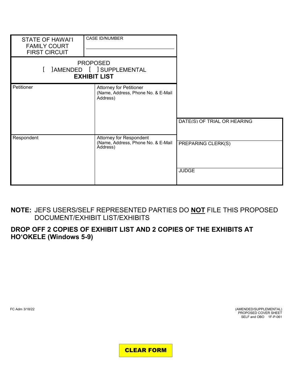 Form 1F-P-061 Proposed Exhibit List and Exhibit List Continuation Sheet - Hawaii, Page 1