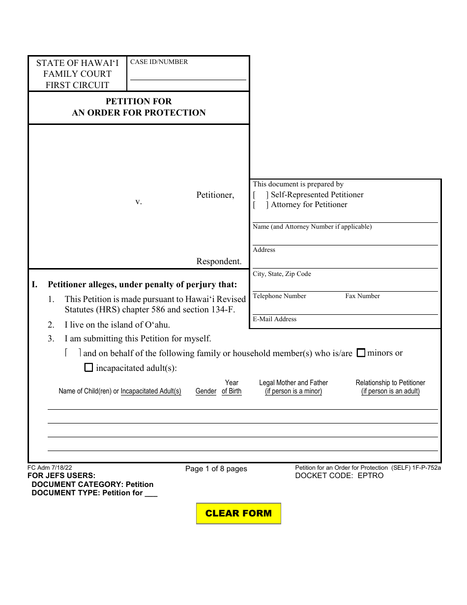 Form 1F-P-752A Petition for an Order for Protection - Hawaii, Page 1
