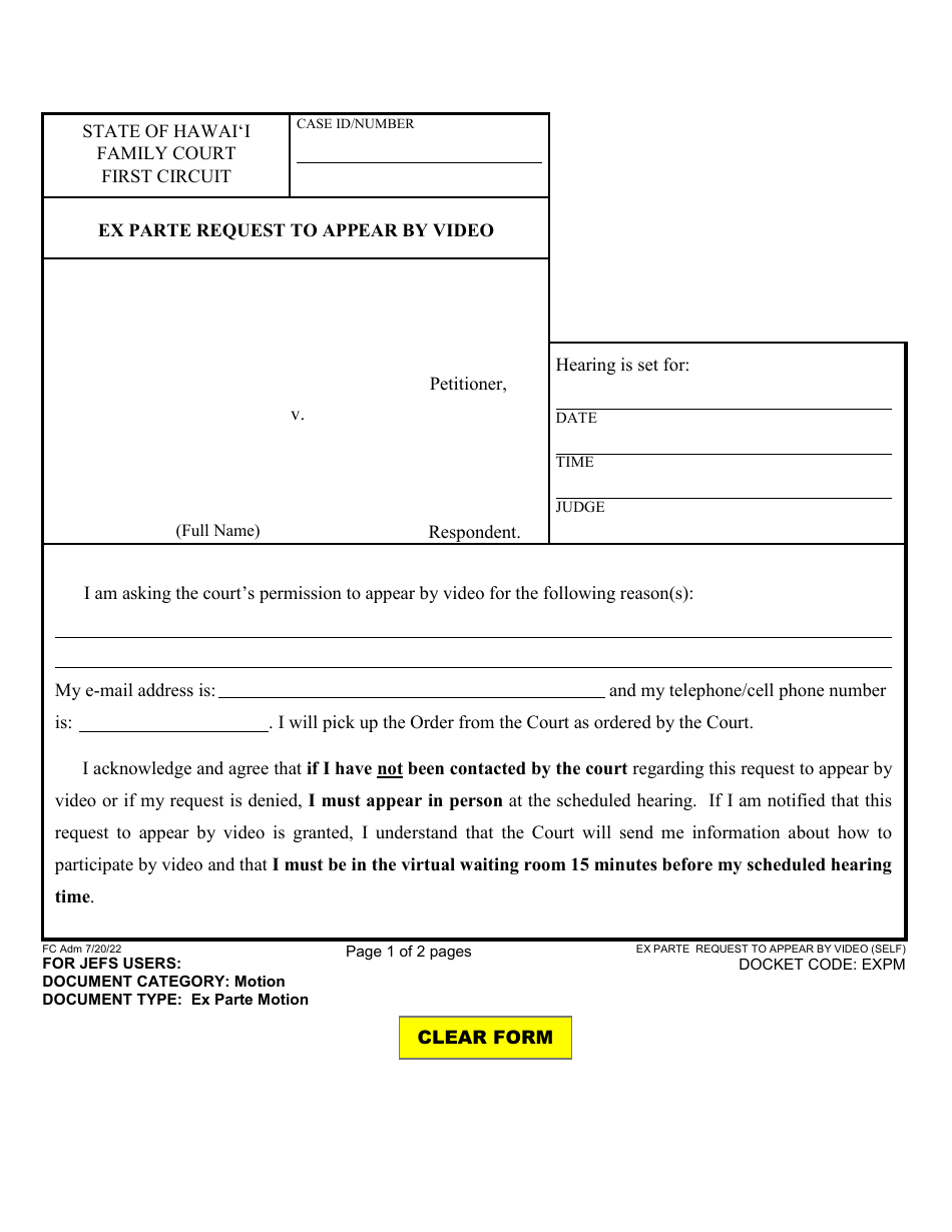 Parte Template Hawaii Ex Parte Request to Appear by Video - Fill Out, Sign Online and ...