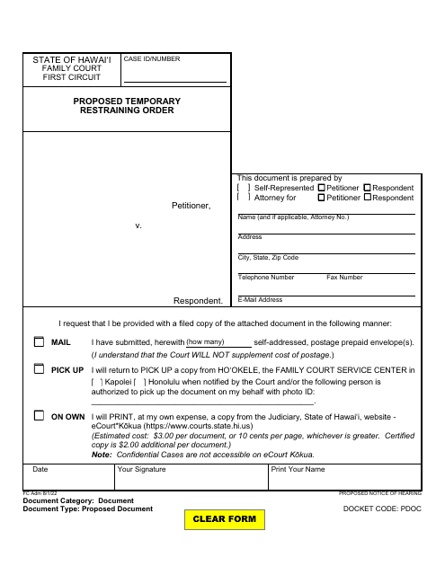 Form 1F-P-750 Proposed Temporary Restraining Order - Hawaii