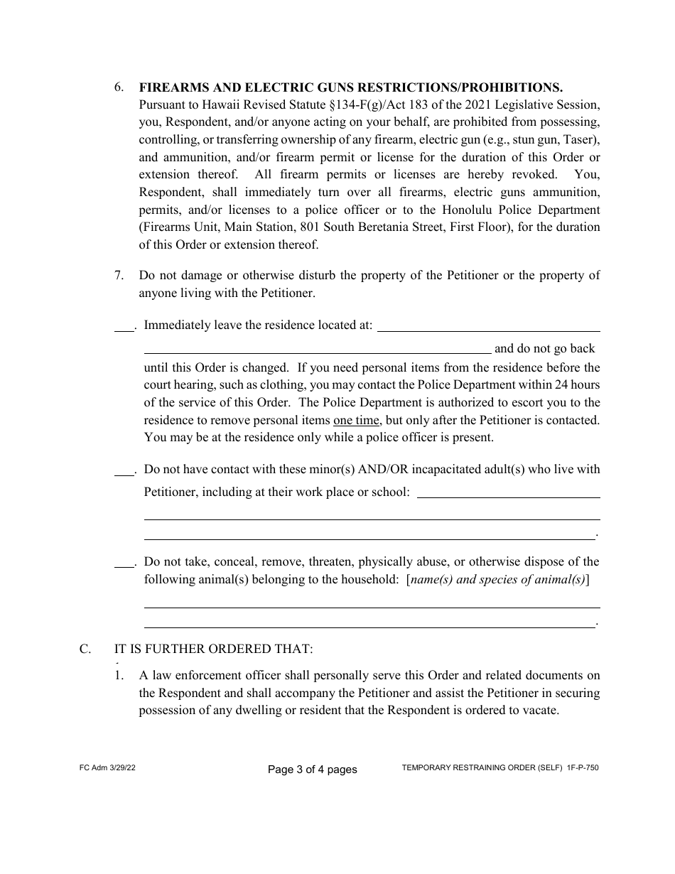 Form 1F-P-750 Proposed Temporary Restraining Order - Hawaii, Page 4