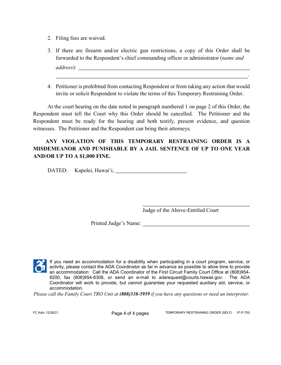 Form 1F-P-750 Proposed Temporary Restraining Order - Hawaii, Page 5