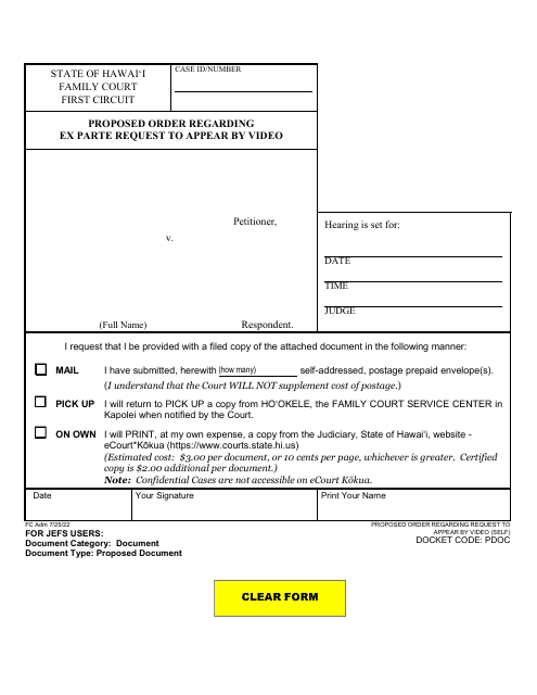 Proposed Order Regarding Ex Parte Request to Appear by Video - Hawaii Download Pdf