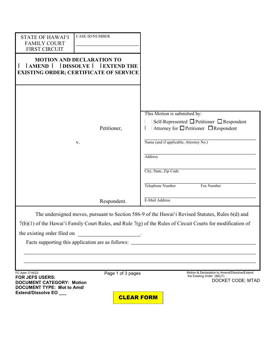 Form 1F-P-3044 Motion and Declaration to Amend, Dissolve, or Extend the Existing Order - Hawaii, Page 1