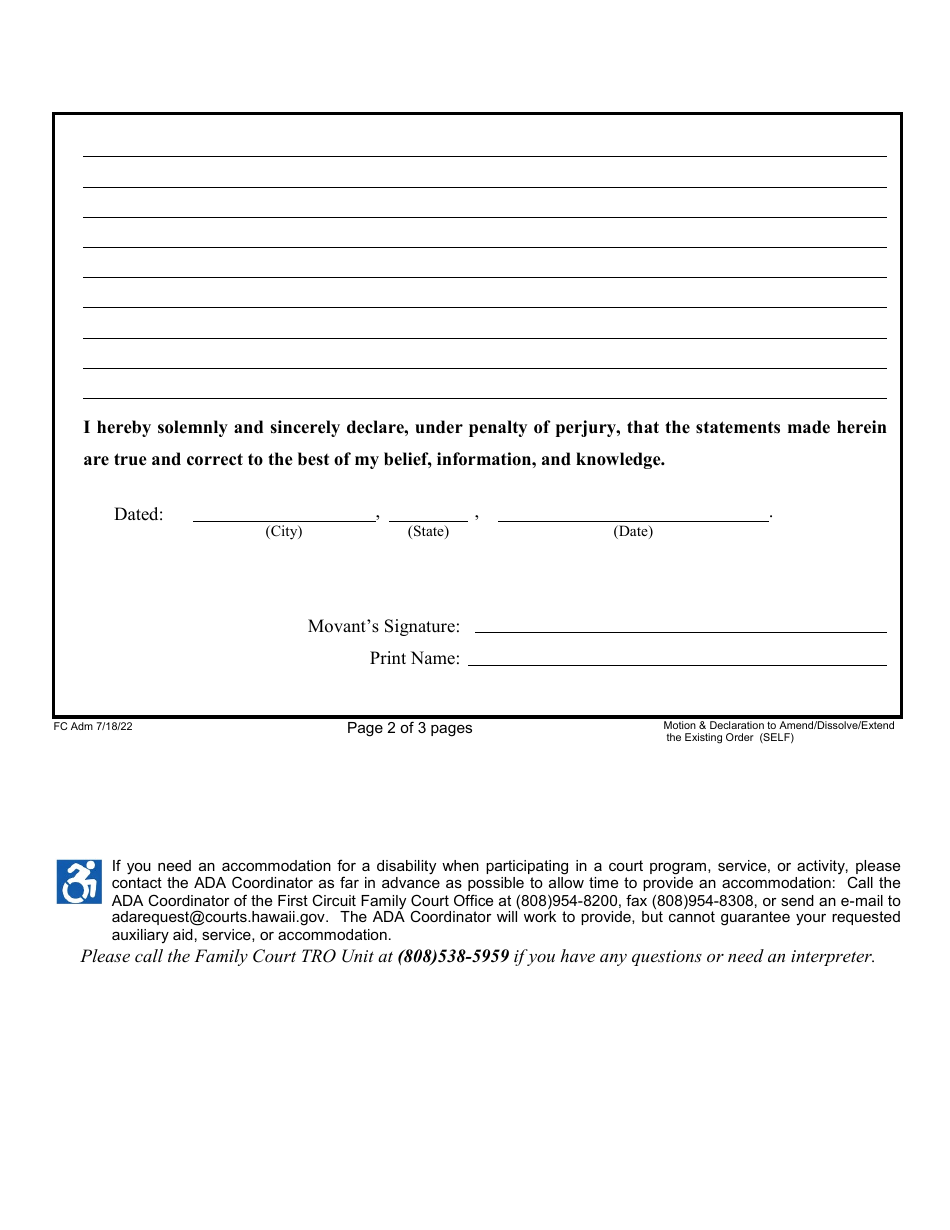 Form 1F-P-3044 Motion and Declaration to Amend, Dissolve, or Extend the Existing Order - Hawaii, Page 2