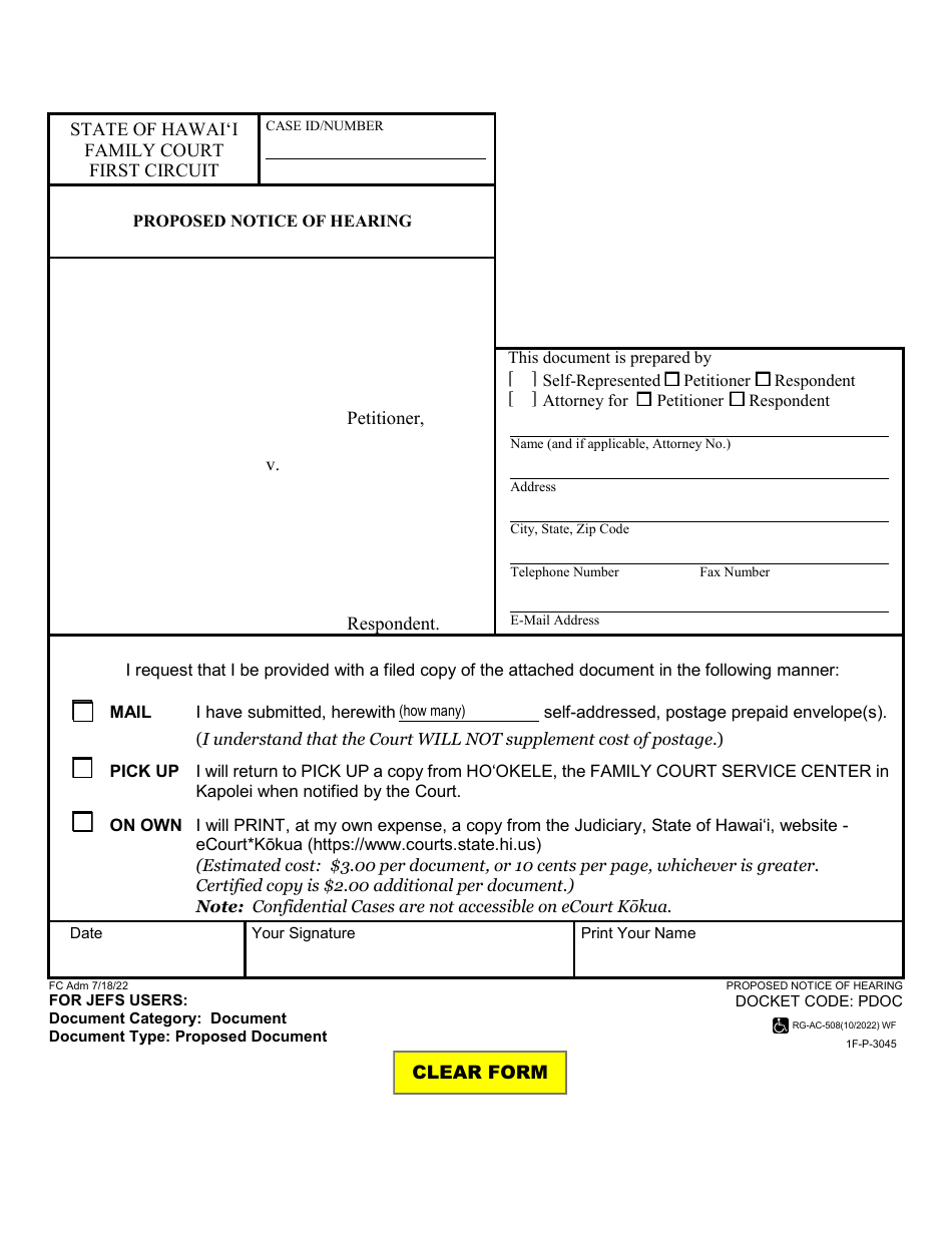 Form 1F-P-3045 Proposed Notice of Hearing - Hawaii, Page 1