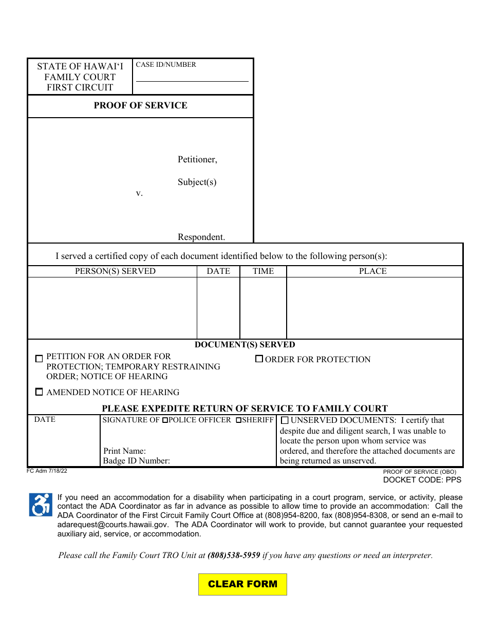 Proof of Service - Hawaii, Page 1