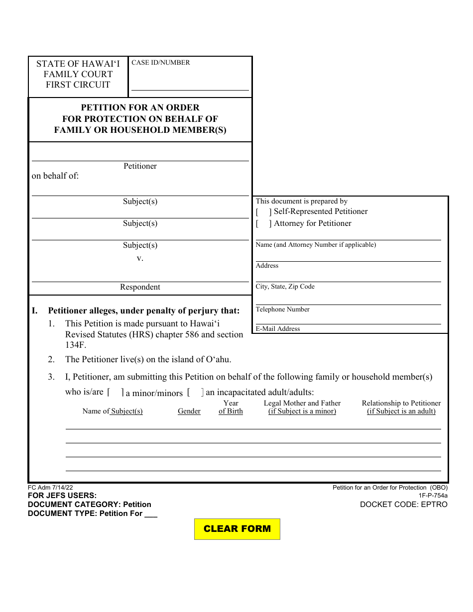Form 1F-P-754A Petition for an Order for Protection on Behalf of Family or Household Member(S) - Hawaii, Page 1