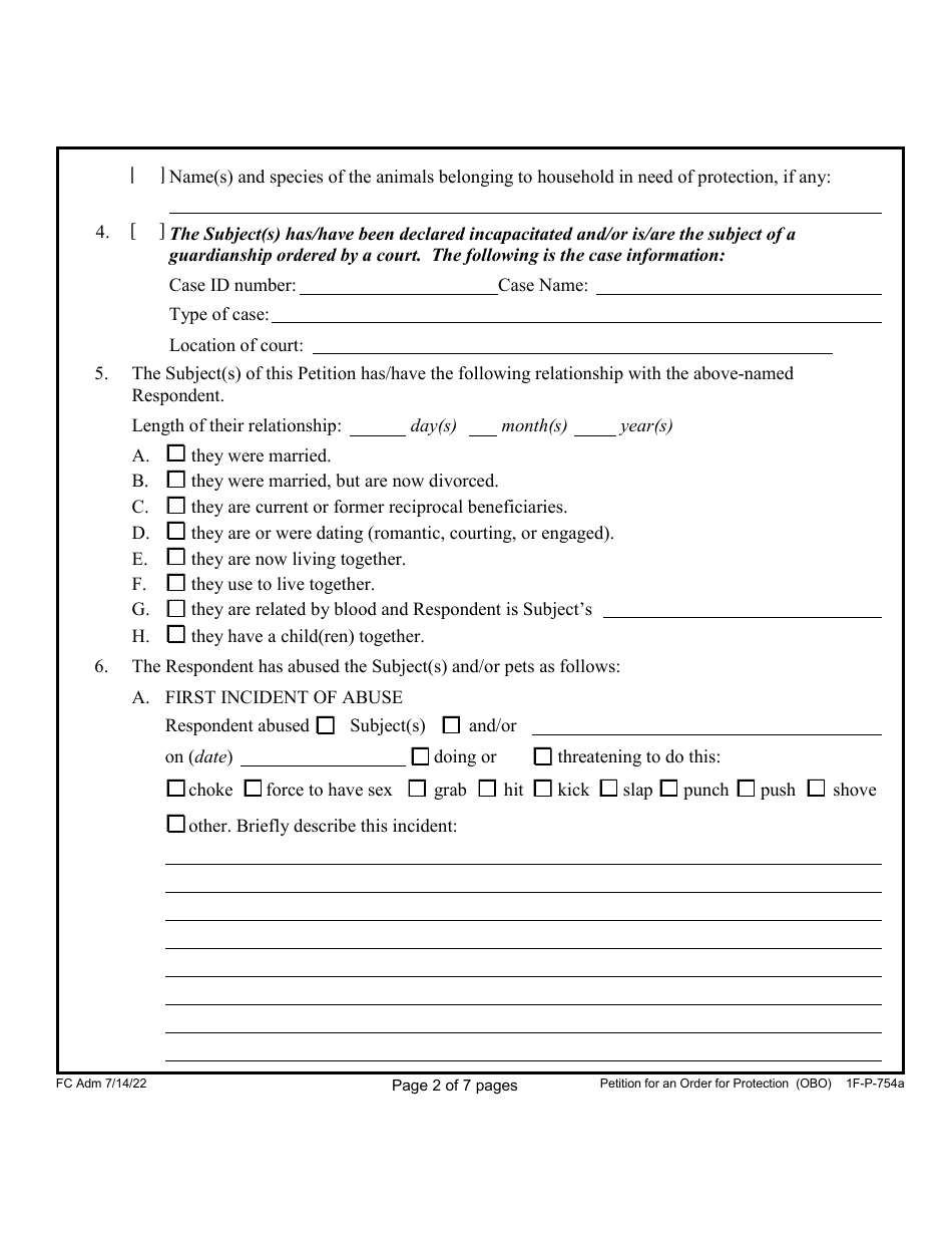 Form 1F-P-754A Petition for an Order for Protection on Behalf of Family or Household Member(S) - Hawaii, Page 2