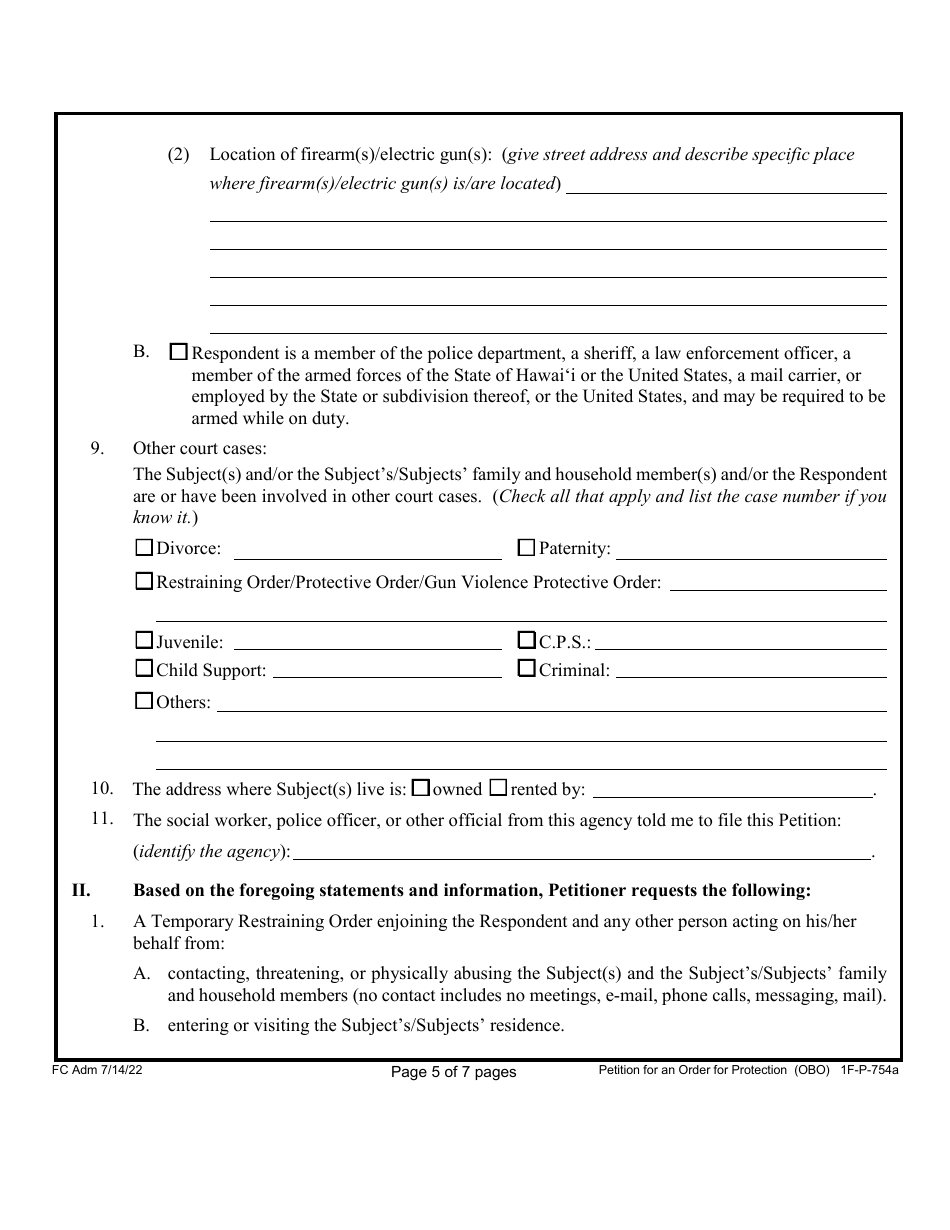 Form 1F-P-754A Petition for an Order for Protection on Behalf of Family or Household Member(S) - Hawaii, Page 5