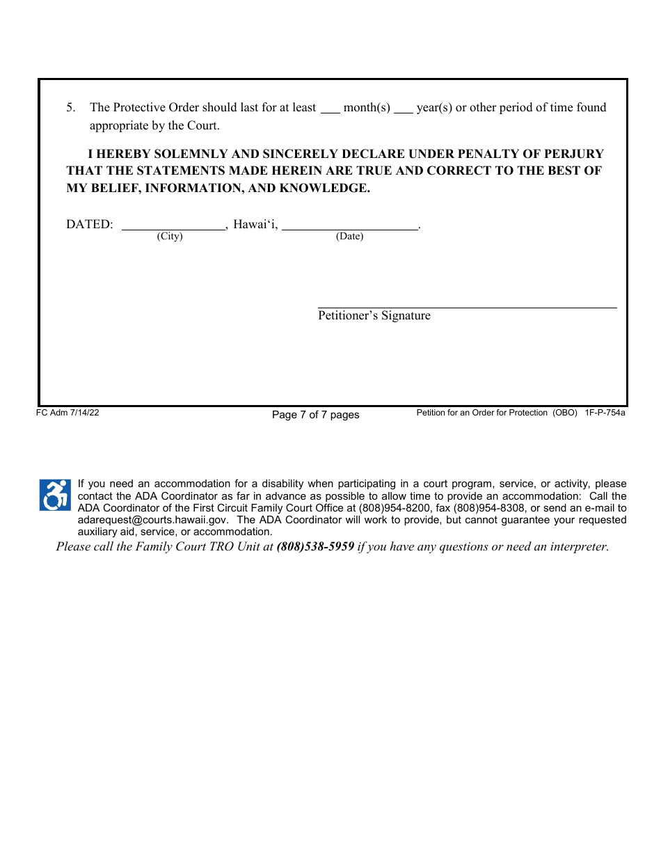 Form 1F-P-754A Petition for an Order for Protection on Behalf of Family or Household Member(S) - Hawaii, Page 7