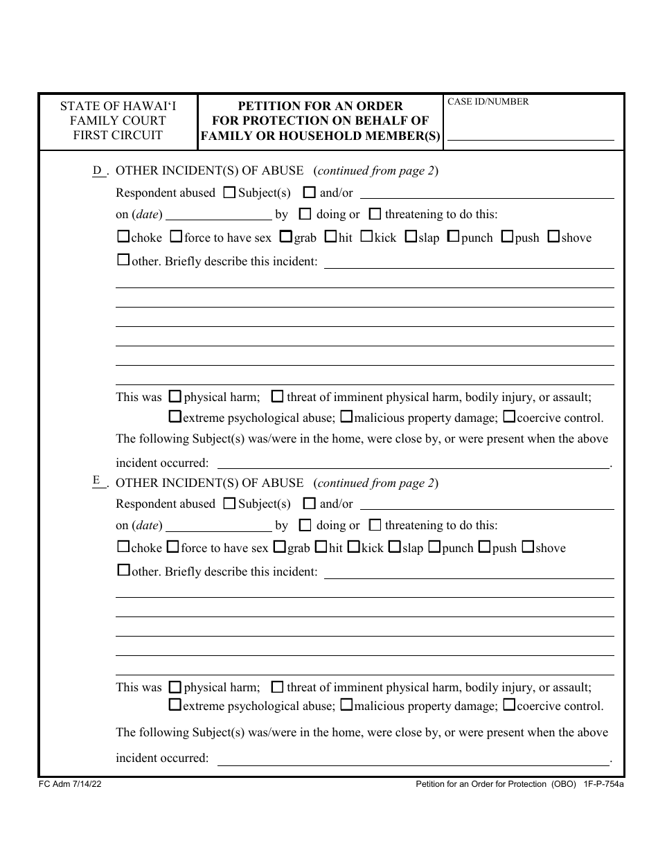 Form 1F-P-754A Petition for an Order for Protection on Behalf of Family or Household Member(S) - Hawaii, Page 8