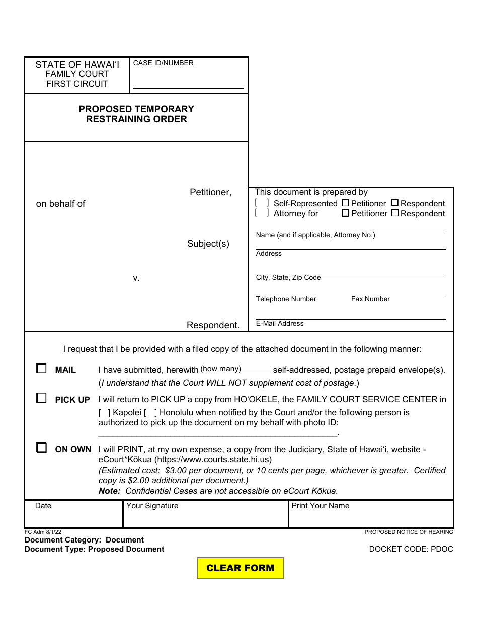 Form 1F-P-756 Proposed Temporary Restraining Order - Hawaii, Page 1