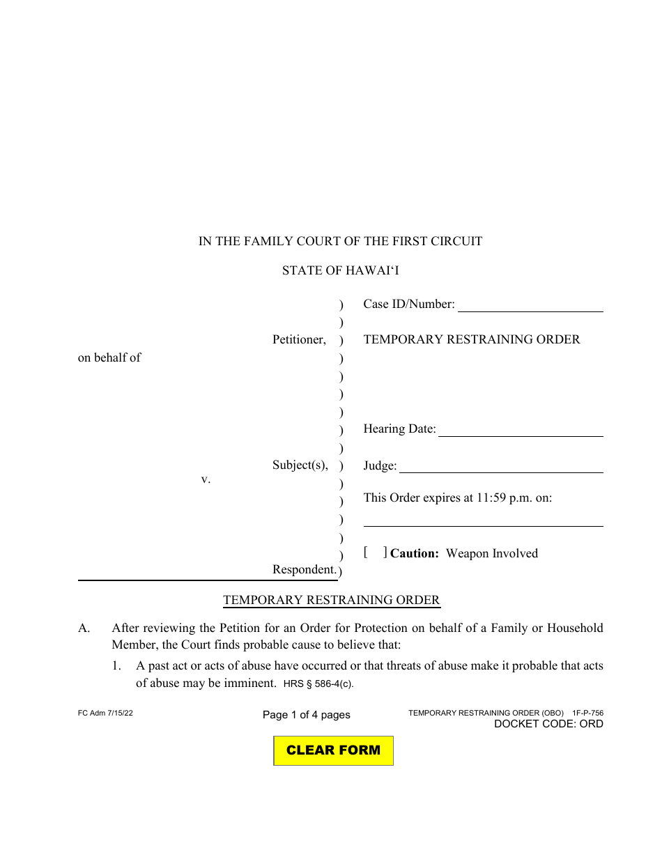 Form 1F-P-756 Proposed Temporary Restraining Order - Hawaii, Page 2