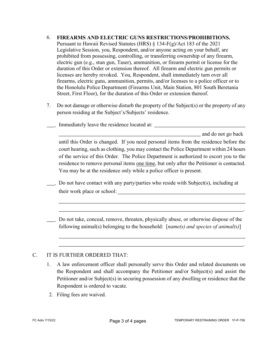 Form 1F-P-756 Proposed Temporary Restraining Order - Hawaii, Page 4
