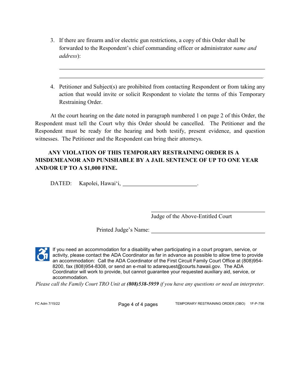Form 1F-P-756 Proposed Temporary Restraining Order - Hawaii, Page 5