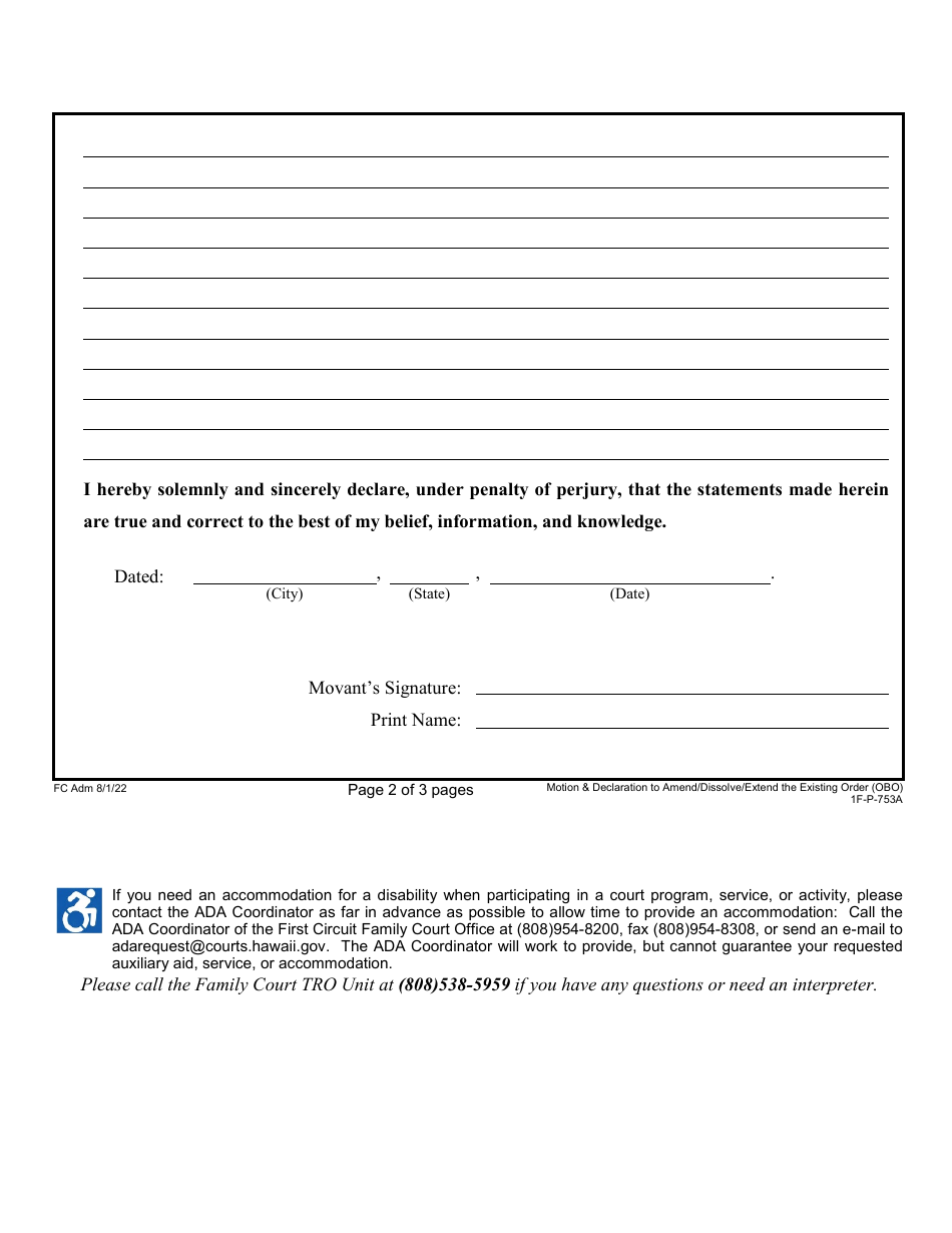 Form 1F-P-753A Motion and Declaration to Amend, Dissolve, or Extend the Existing Order - Hawaii, Page 2
