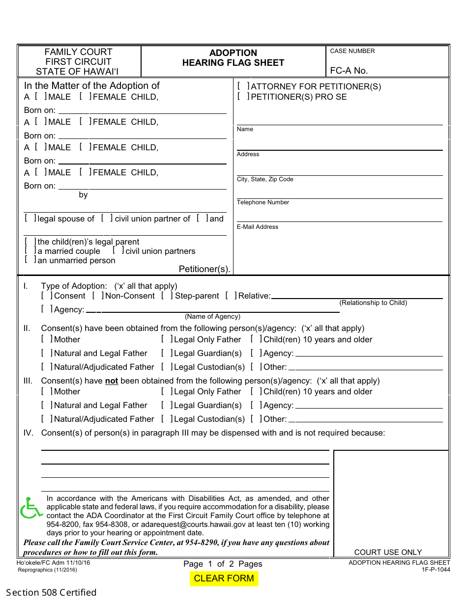 Form 1F-P-1044 Adoption Hearing Flag Sheet - Hawaii, Page 2