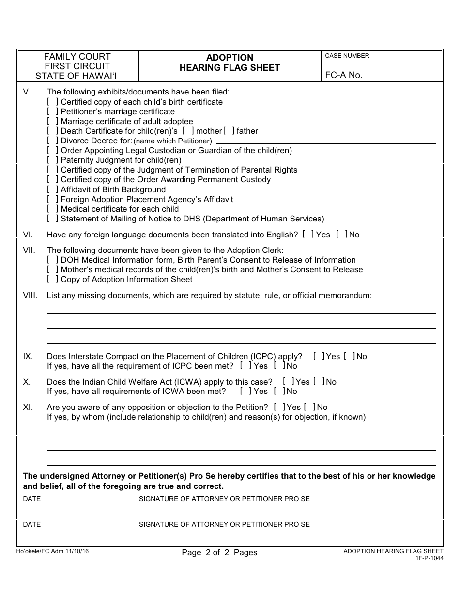 Form 1F-P-1044 Adoption Hearing Flag Sheet - Hawaii, Page 3