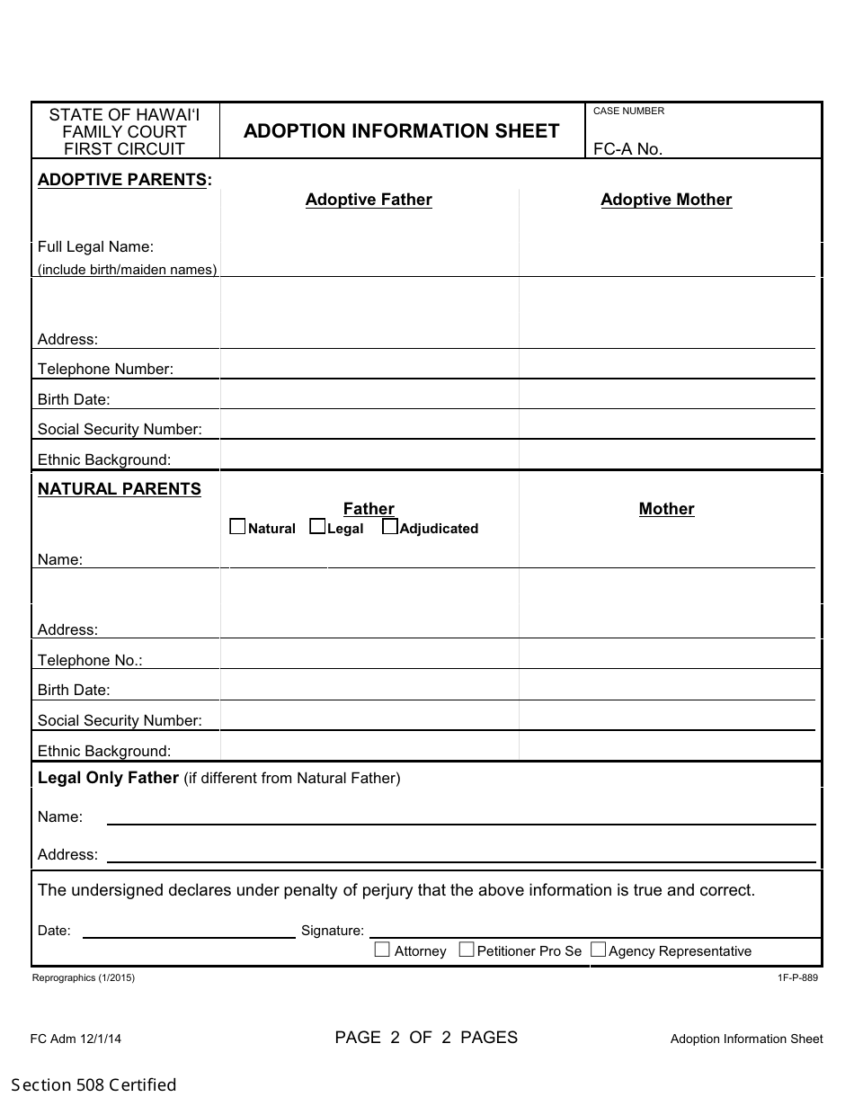 Form 1F-P-889 Adoption Information Sheet - Hawaii, Page 3