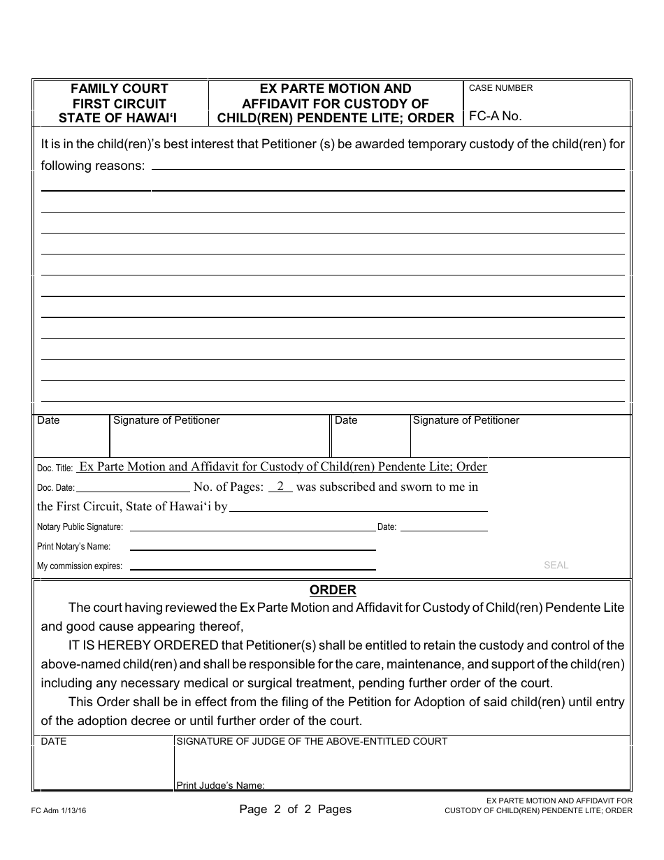 Form 1F-P-1037 Ex Parte Motion and Affidavit for Custody of Child(Ren) Pendente Lite; Order - Hawaii, Page 3