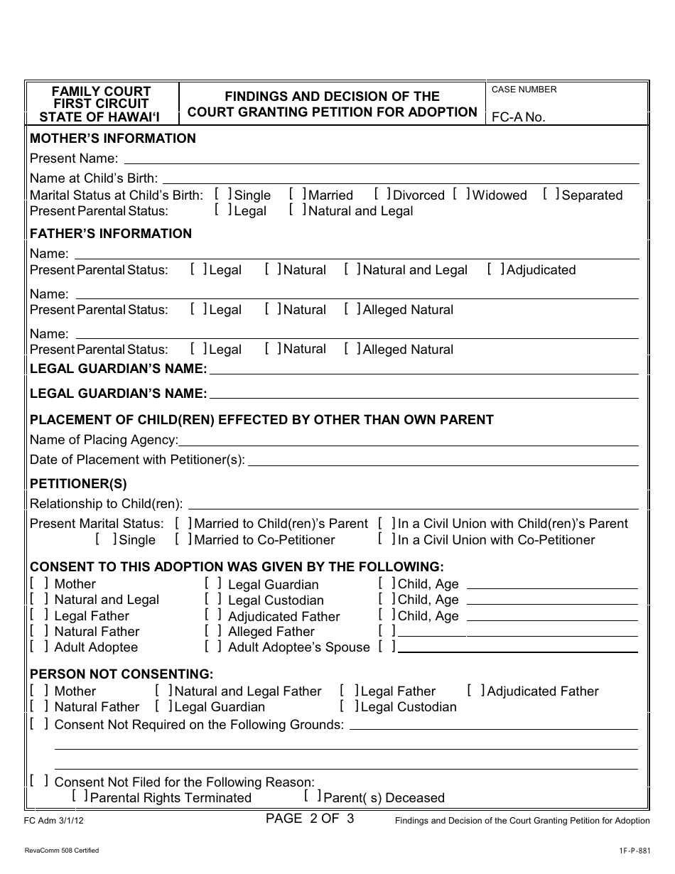 Form 1F-P-881 Findings and Decision of the Court Granting Petition for Adoption - Hawaii, Page 3