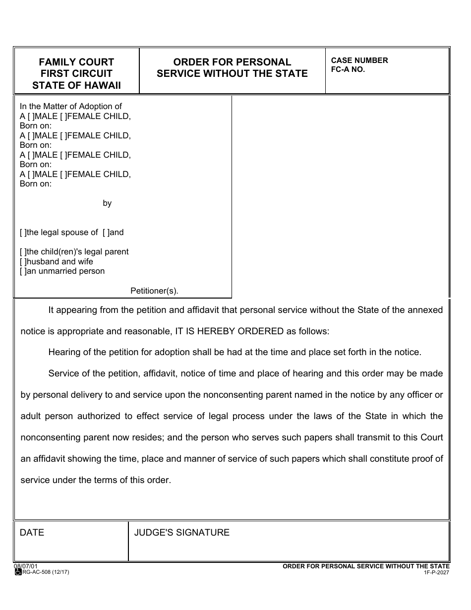 Form 1F-P-2027 Order for Personal Service Without the State - Hawaii, Page 2