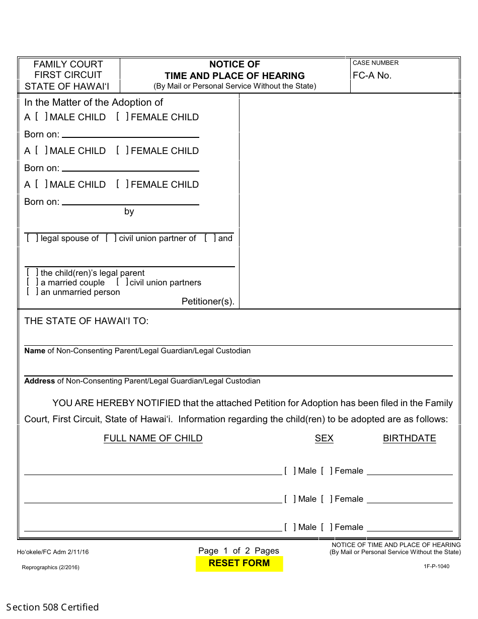 Form 1F-P-1040 Notice of Time and Place of Hearing (By Mail or Personal Service Without the State) - Hawaii, Page 2