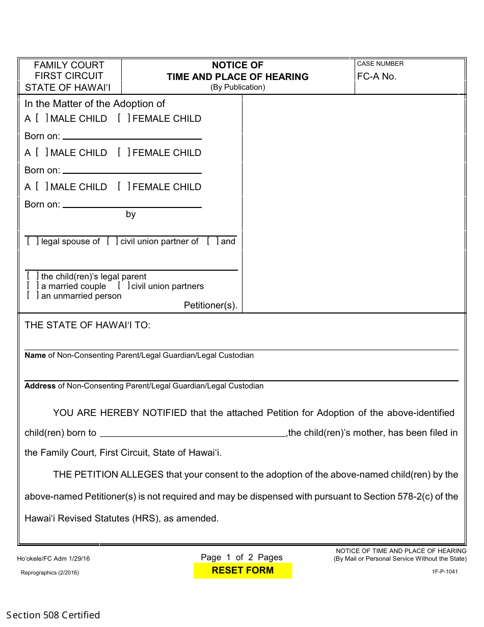 Form 1F-P-1041 Notice of Time and Place of Hearing (By Publication) - Hawaii, Page 2