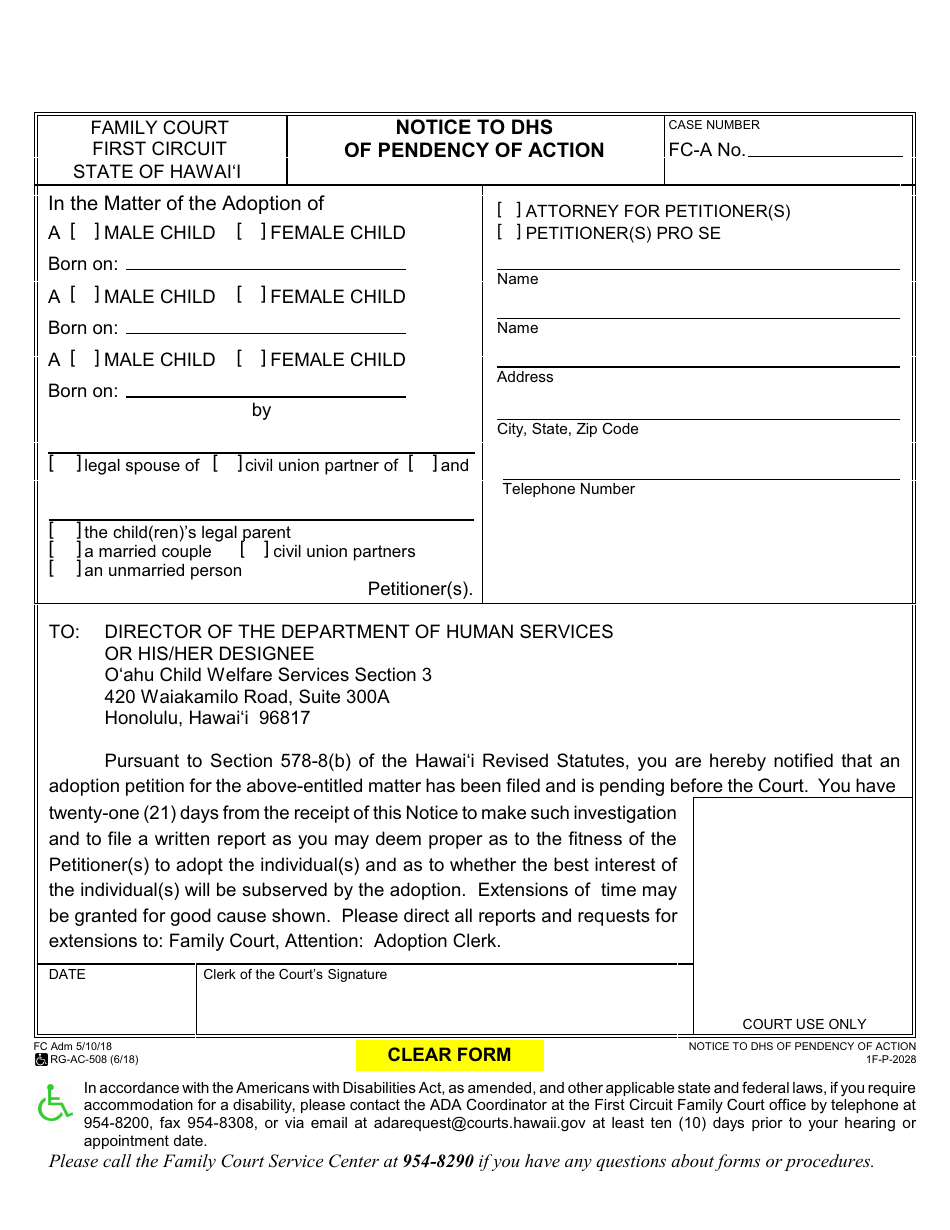 Form 1F-P-2028 Notice to DHS of Pendency of Action - Hawaii, Page 2