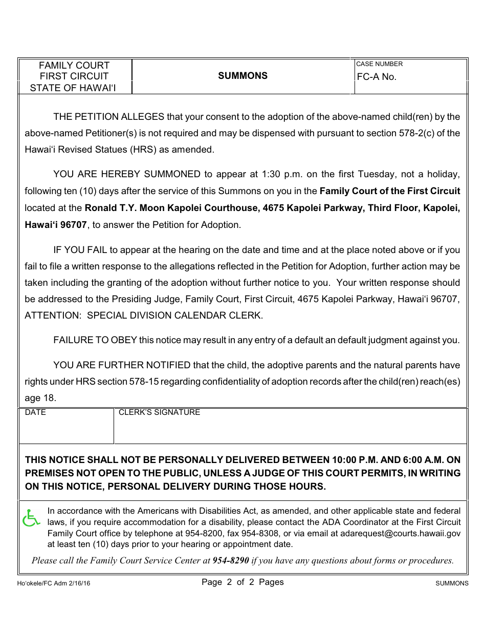 Form 1F-P-1043 Summons - Hawaii, Page 3